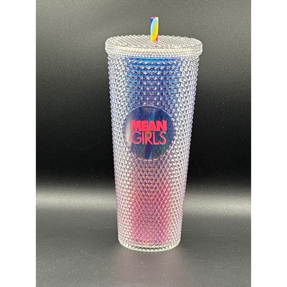 Mean Girls‎ Iridescent Studded Tumbler Pink Blue Ombre Cup w/ Rainbow Straw 24oz